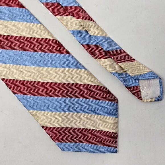 BROOKS BROTHERS 346 SILK TIE RED CREAM BLUE LARGE STRIPE HERRINGBONE 3.75" X 58" - Picture 1 of 3